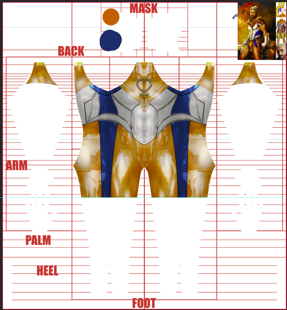 Sailor Venus Custom v2 Shorts No gloves, no boots, Carlos GZZ art IG:@carlosgzz003 (Copy) 2 Superhero costume template with gold, silver, and blue armor design, labeled parts for mask, back, arm, palm, heel, and foot, plus small reference images of a character in costume at the top right.