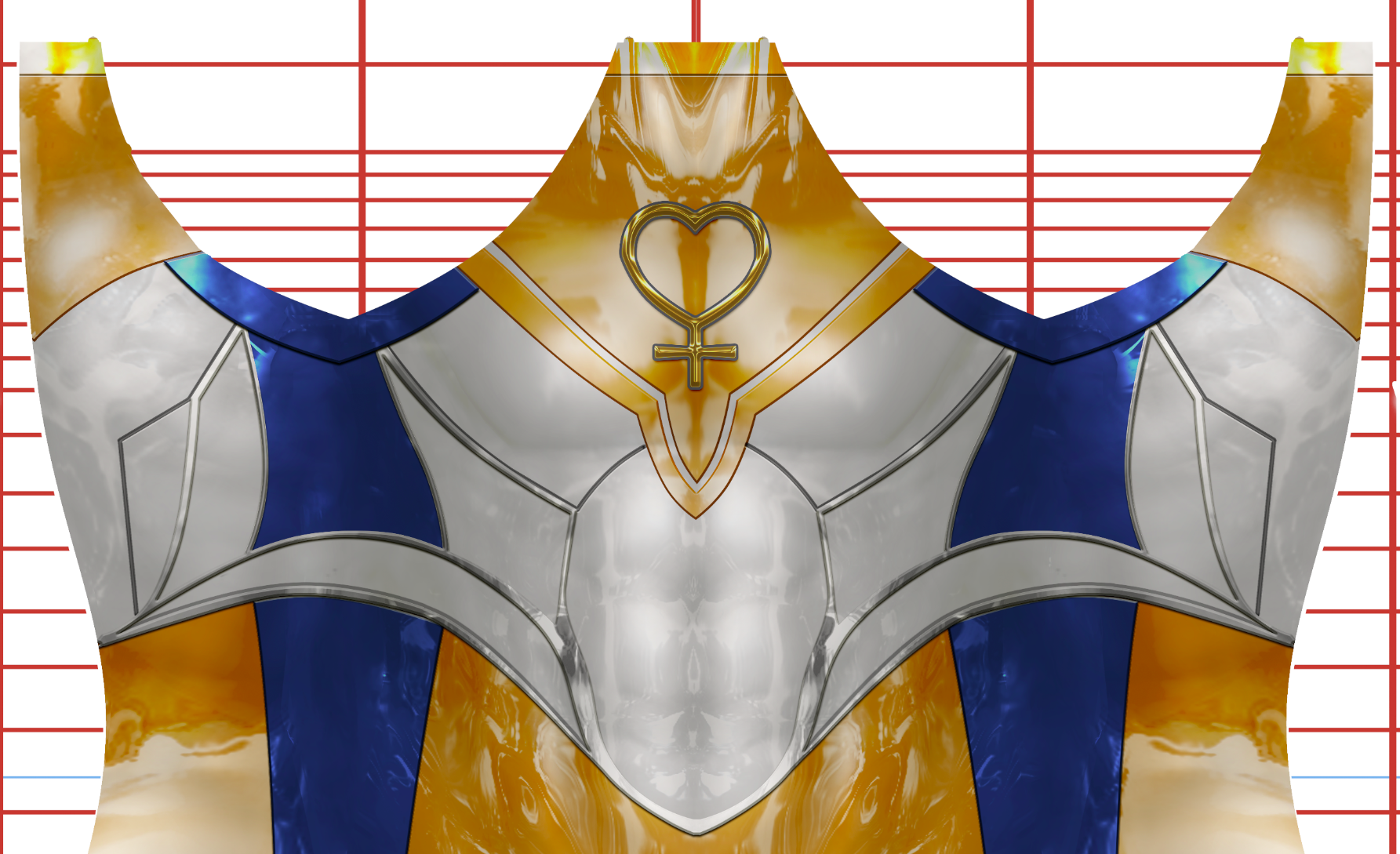 Sailor Venus Custom v2 Shorts No gloves, no boots, Carlos GZZ art IG:@carlosgzz003 (Copy) 4 Chest armor with a metallic silver, blue, and gold design, featuring a raised gold heart and ankh symbol at the collar. Thin red horizontal and vertical grid lines are visible in the background.