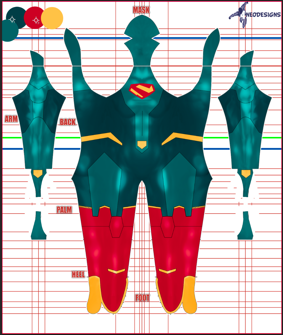 My Adventures With Superman Supergirl v1 2 A digital template design for a superhero costume in teal and red with yellow accents, including separate sections for the mask, arms, palms, back, heel, and foot, plus a stylized βSβ emblem on the chest.