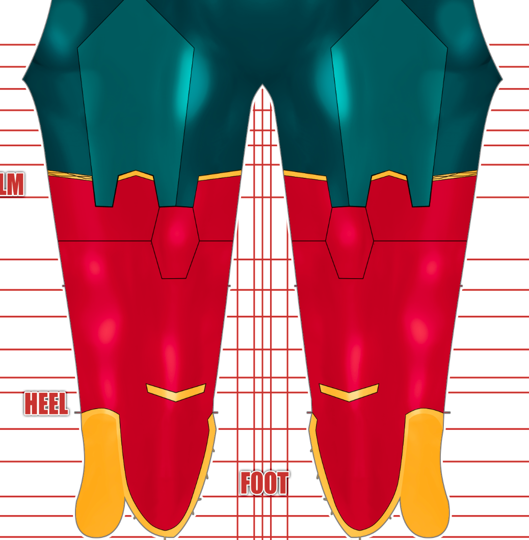 My Adventures With Superman Supergirl v1 3 A digital illustration of armored legs, colored red with yellow and teal details, is positioned over a height chart labeled "CALM," "HEEL," and "FOOT." The feet have yellow coverings, and the overall style is sleek and futuristic.