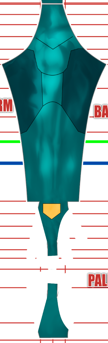 My Adventures With Superman Supergirl v1 4 A digital illustration of a teal, armor-like chest piece with a gold accent near the waist, displayed vertically on a white background with red, blue, and green horizontal guide lines and partial text labels.