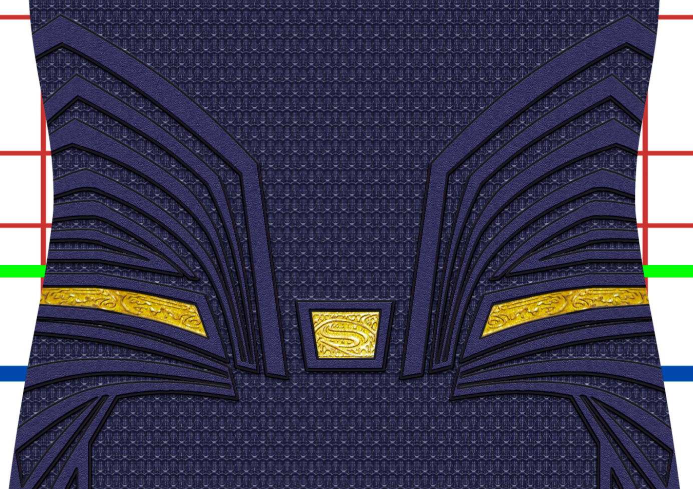 Superman Dawn of Justice v4 - No shading, no shield 3 A textured dark blue and gold costume design with intricate patterns, angular layered accents, and a central gold rectangular emblem. Colored horizontal lines (red, green, blue) run behind the costume.