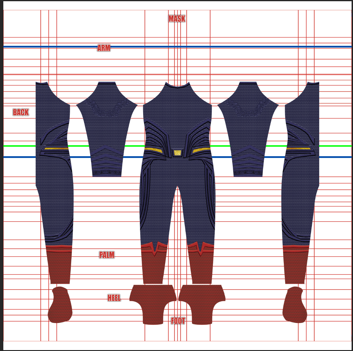 Superman Dawn of Justice v4 - No shading, no shield 5 A digital template for a superhero costume, showing separated pieces labeled mask, arm, back, palm, heel, and foot. The suit is mainly dark blue with red and brown accents and technical line details.