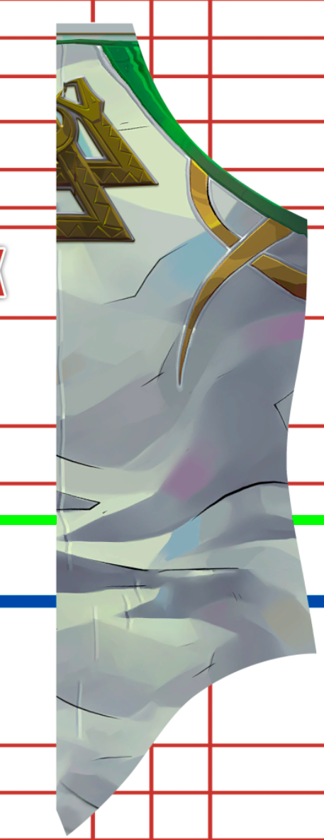 Low Key Loki v3 - Marvel Rivals female Body suit no pants / legs / 4 A close-up of a curved, patterned object with gold and green decorative details, set against a background of red, green, and blue horizontal grid lines.