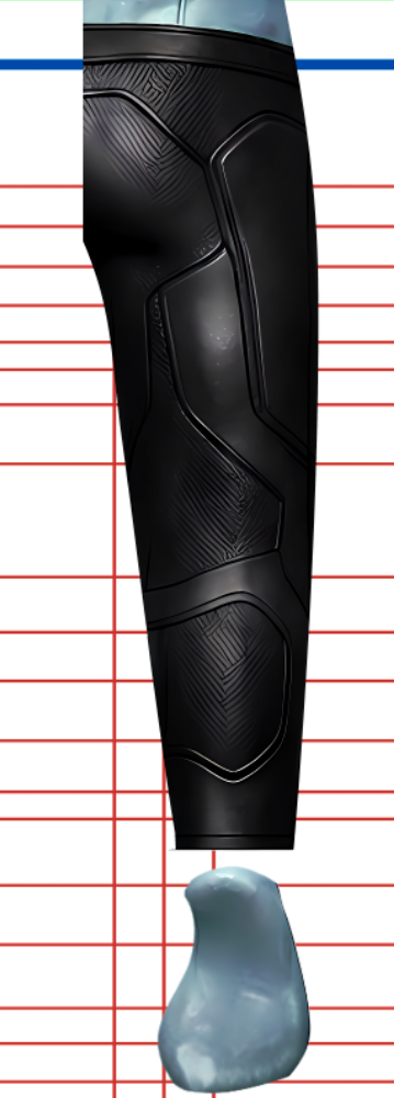 Rai Valiant Comics v2 6 A digital image showing a single robotic or armored leg in black with geometric patterns, standing on a blue-gray metallic foot. The background features red and blue grid lines.