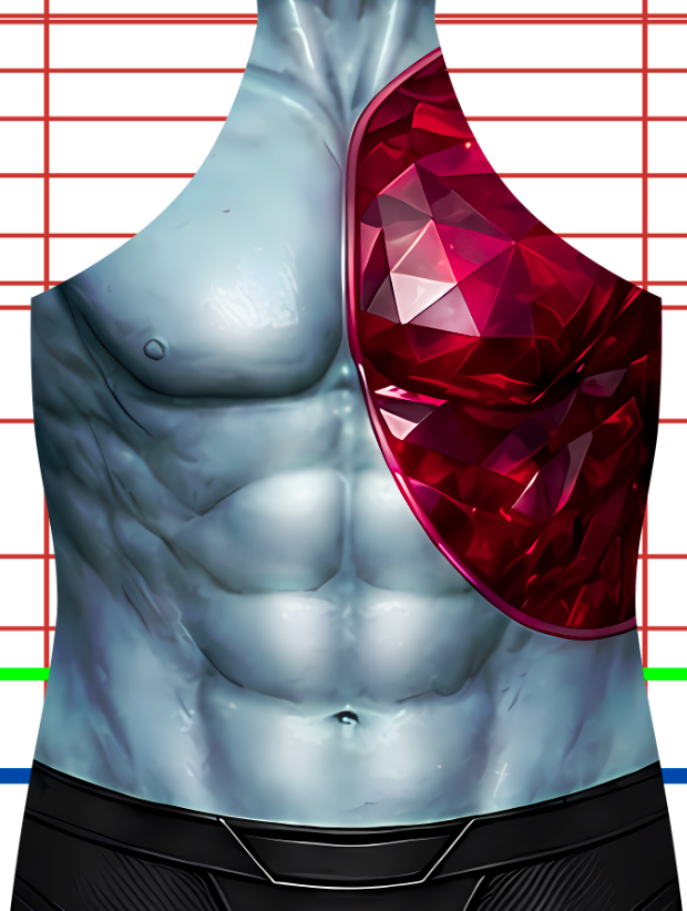 Rai Valiant Comics v2 1 A muscular, blue-skinned torso with a red, gem-like structure covering the left chest and shoulder area; a lined background is visible behind the figure.