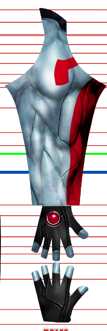 Rai Valiant Comics v3 4 A digital rendering of a muscular, humanoid upper torso with a metallic, robotic texture, a red section on the side, and a futuristic black glove with blue fingertips and a red circular detail.