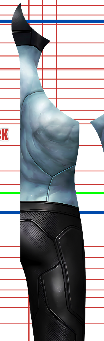 Rai Valiant Comics v3 5 Digital artwork of a muscular, blue-skinned humanoid torso and arm wearing black textured pants, shown against a background of red and blue grid lines. The head and lower legs are not visible.