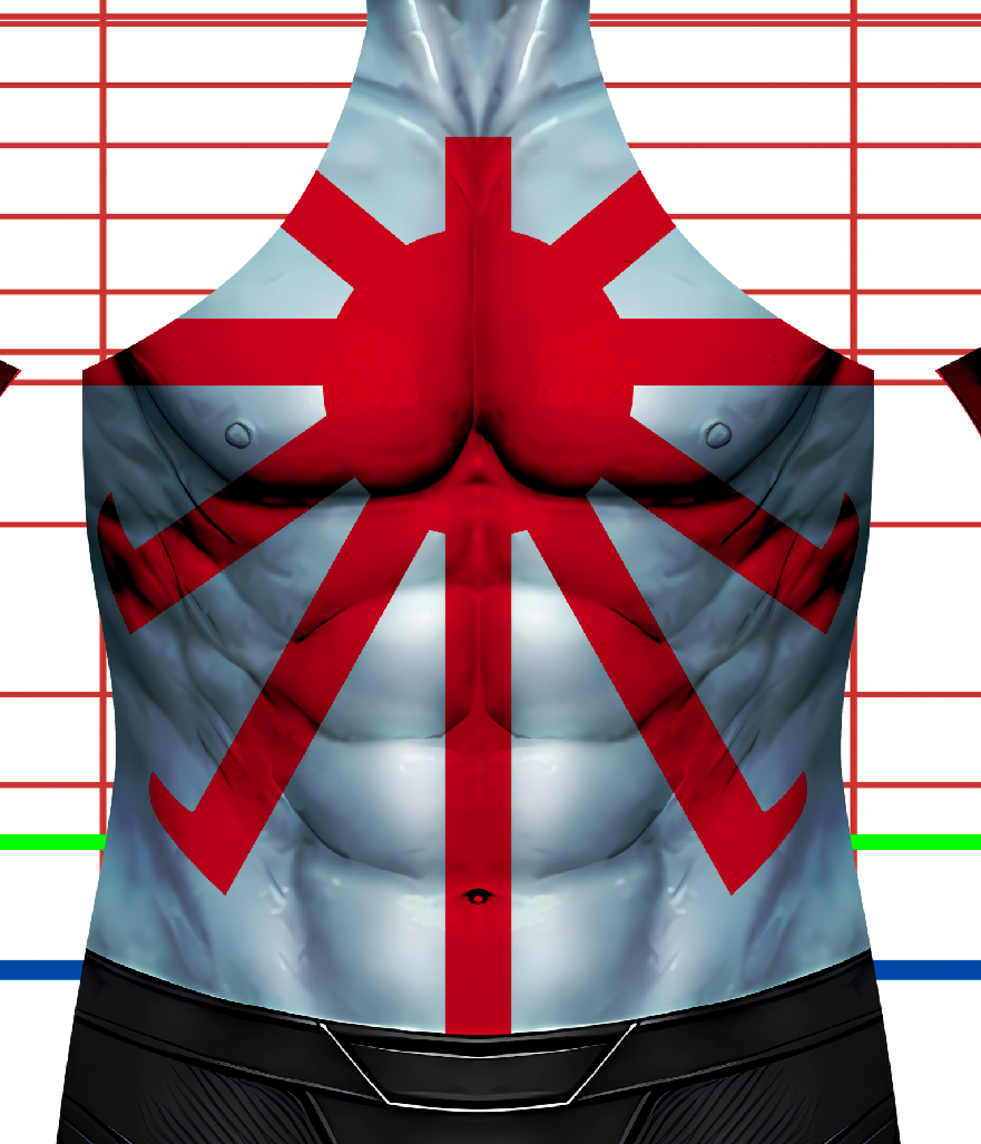 Rai Valiant Comics v3 1 A stylized red symbol resembling a sun with rays is painted on a muscular, light blue torso. The background features a grid with red, green, and blue horizontal lines. The lower torso is covered by dark clothing.
