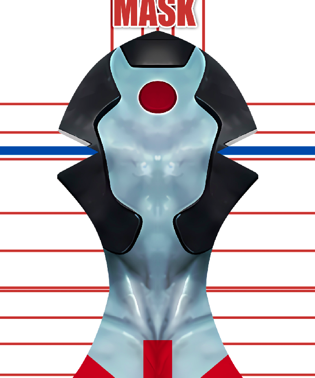 Rai Valiant Comics v3 7 Abstract, futuristic mask design with a blue and silver metallic texture, black accents, and a central red circular element, displayed against a white background with red lines and the word "MASK" at the top.