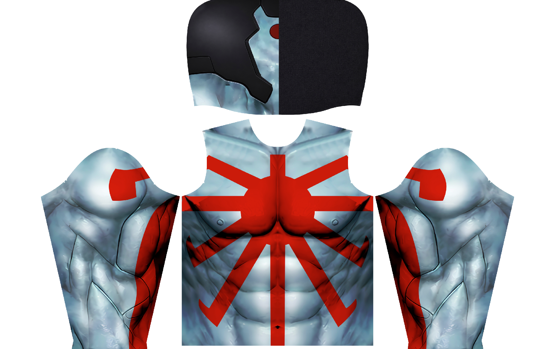 Hoodie Rai Valiant Comics v3 - Pattern Only 1 A stylized costume template features a muscular torso with a blue-gray metallic texture, red markings radiating from the chest, and matching muscular arms. The design includes shoulder and helmet sections.