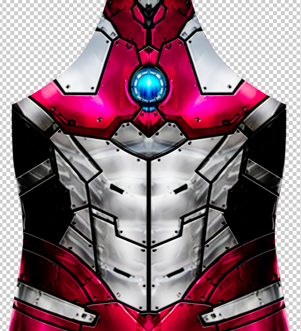 Armored Ultraman v1 2 Armored Ultraman cosplay costume pattern from the Netflix anime, red and silver metal armor with blue color-timer chest light, chest close-up with the glowing blue color timer, custom dye sublimation design by 4NEO Designs