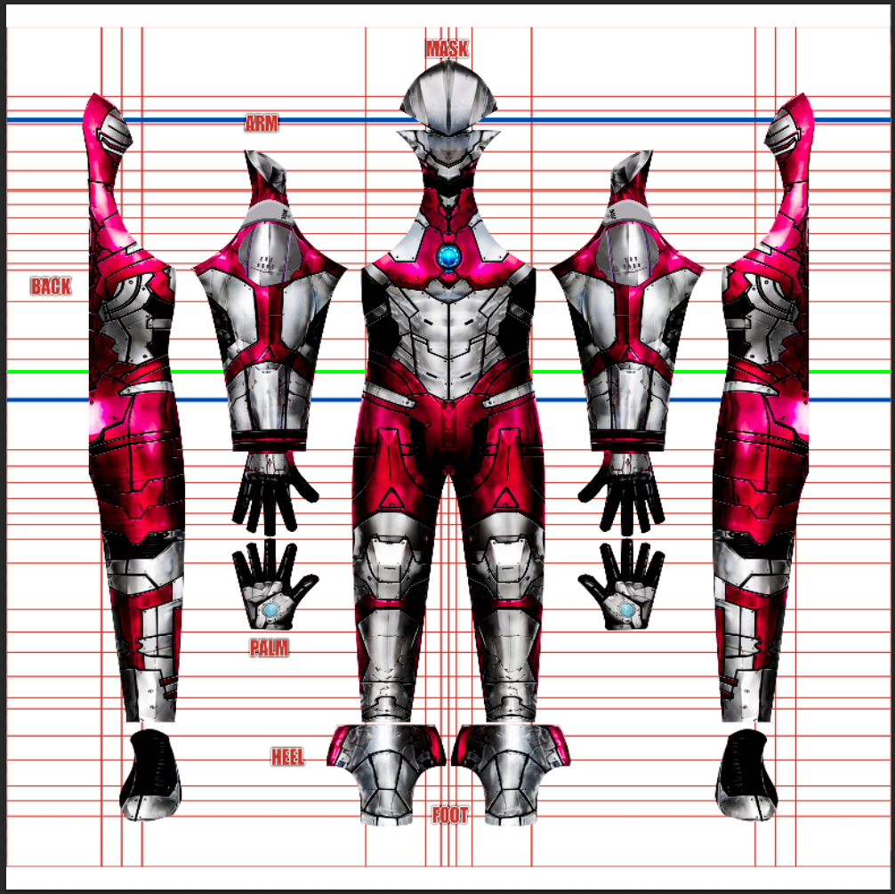 Armored Ultraman v1 1 Armored Ultraman cosplay costume pattern from the Netflix anime, red and silver metal armor with blue color-timer chest light, full layout with mask, gloves and foot pieces, custom dye sublimation design by 4NEO Designs