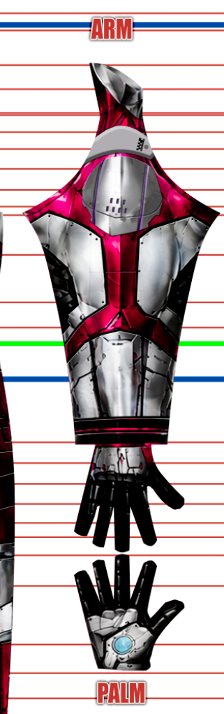 Armored Ultraman v1 4 Armored Ultraman cosplay costume pattern from the Netflix anime, red and silver metal armor with blue color-timer chest light, side panel of the armored suit, custom dye sublimation design by 4NEO Designs