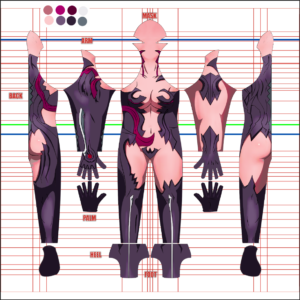 Witchblade cosplay costume pattern from the 2006 anime, Masane Amaha dark purple bio-armor with magenta accents over a muscle base, full layout with mask, gloves and foot pieces, custom dye sublimation design by 4NEO Designs