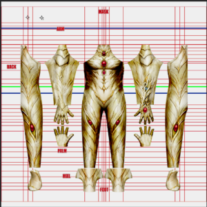 Witchblade v2 cosplay costume pattern in the classic comic look, Sara Pezzini ivory and gold bio-armor with red Witchblade gems over a muscle base, full layout with mask, gloves and foot pieces, custom dye sublimation design by 4NEO Designs