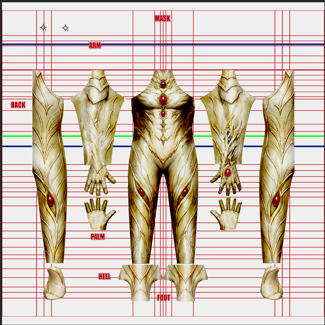 Witchblade Comic v2 1 Witchblade v2 cosplay costume pattern in the classic comic look, Sara Pezzini ivory and gold bio-armor with red Witchblade gems over a muscle base, full layout with mask, gloves and foot pieces, custom dye sublimation design by 4NEO Designs
