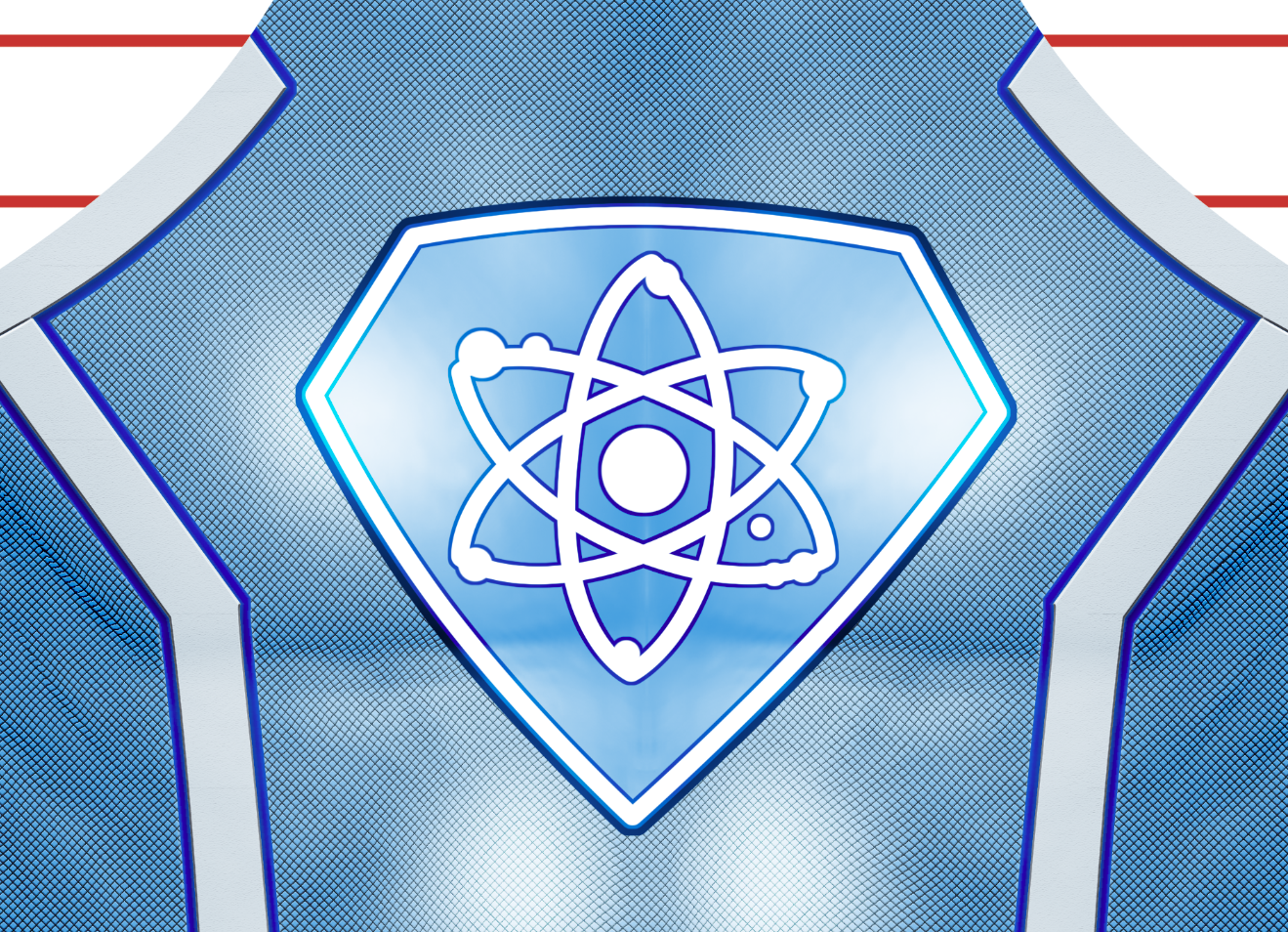 Custom Asher v1 2 Custom original superhero cosplay costume pattern by 4NEO Designs, light blue and white suit with a diamond atomic chest emblem and blue-white piping, close-up of the diamond chest shield with the atomic emblem, custom dye sublimation design