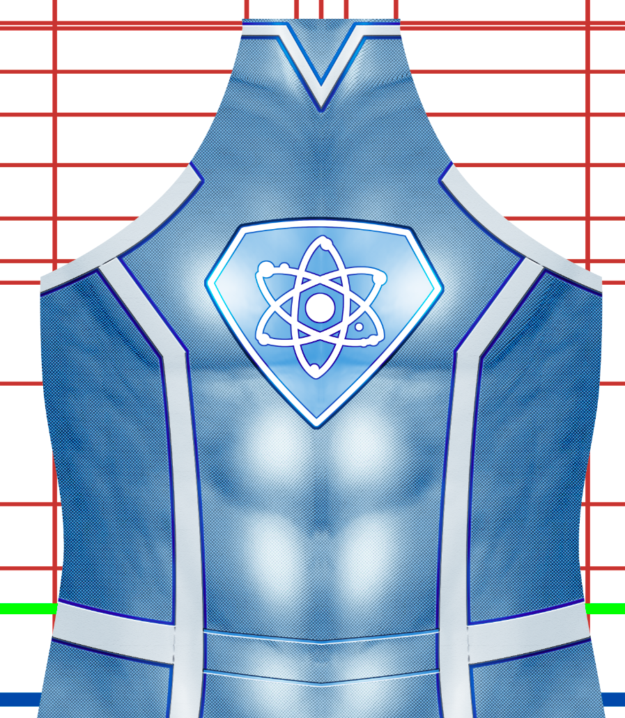 Custom Asher v1 3 Custom original superhero cosplay costume pattern by 4NEO Designs, light blue and white suit with a diamond atomic chest emblem and blue-white piping, front torso with muscle shading and chest emblem, custom dye sublimation design