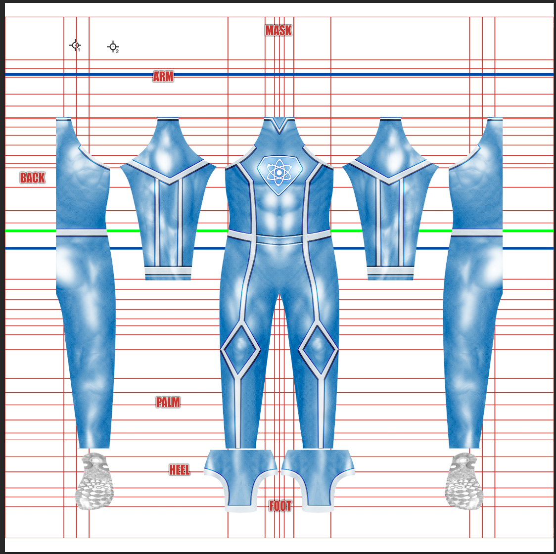 Custom Asher v1 1 Custom original superhero cosplay costume pattern by 4NEO Designs, light blue and white suit with a diamond atomic chest emblem and blue-white piping, full layout with mask, gloves and foot pieces, custom dye sublimation design