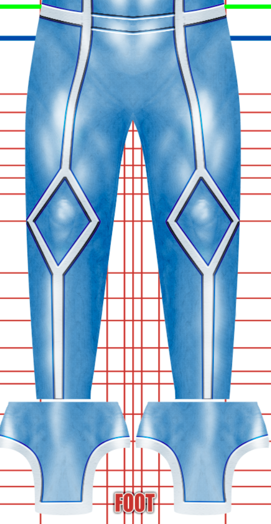 Custom Asher v1 4 Custom original superhero cosplay costume pattern by 4NEO Designs, light blue and white suit with a diamond atomic chest emblem and blue-white piping, side panel with blue-white piping, custom dye sublimation design