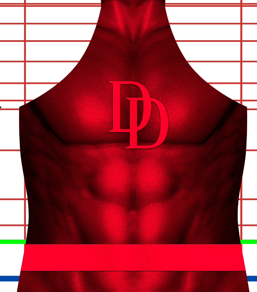 Daredevil v4 5 Daredevil cosplay costume pattern, deep red muscle suit with the double-D chest emblem and red belt, close-up of the double-D chest emblem, custom dye sublimation design by 4NEO Designs