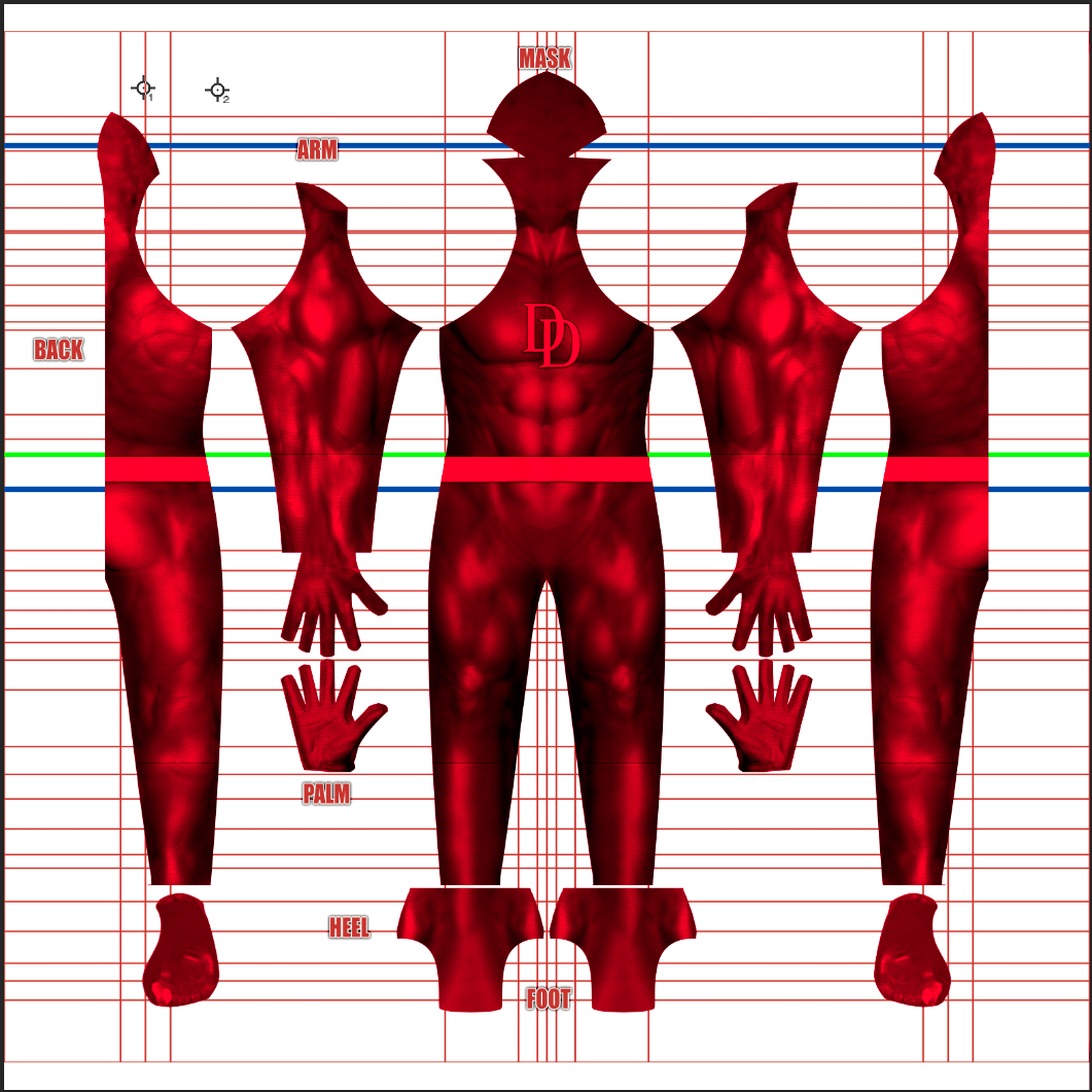 Daredevil v4 1 Daredevil cosplay costume pattern, deep red muscle suit with the double-D chest emblem and red belt, full layout with mask, gloves and foot pieces, custom dye sublimation design by 4NEO Designs