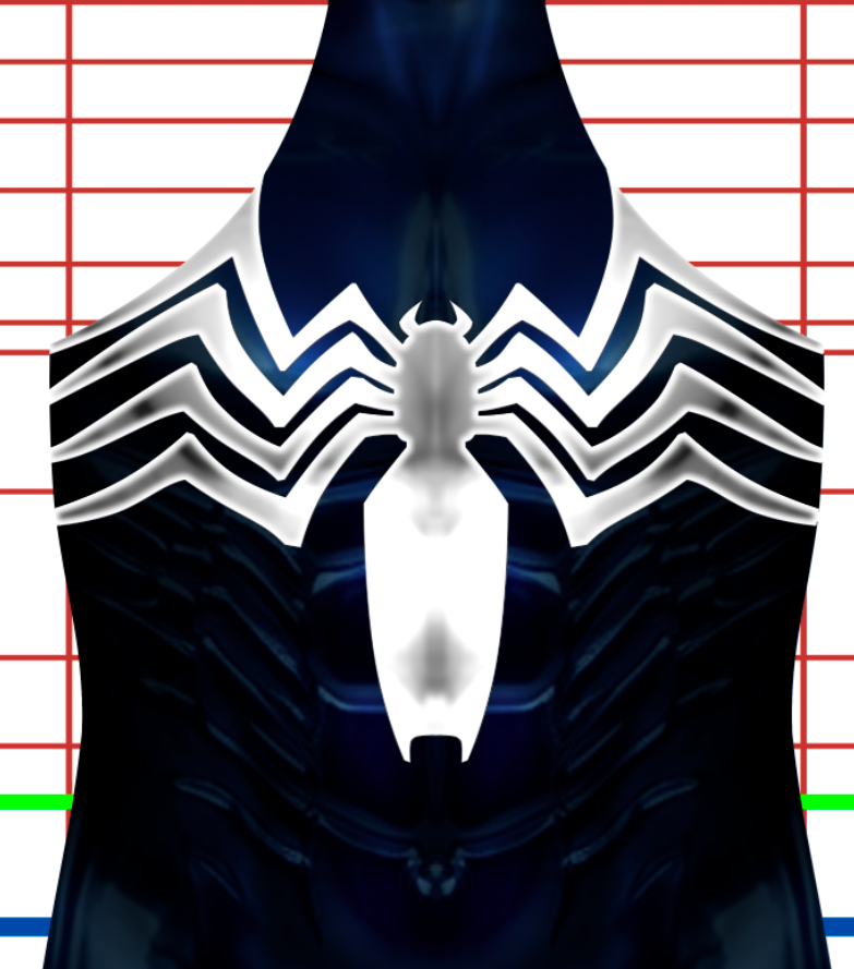 Spiderman Symbiote v2 6 Close-up of the Symbiote Spider-Man v2 suit chest panel showing the bold white spider emblem and chevron web pattern over the navy-black mottled texture.