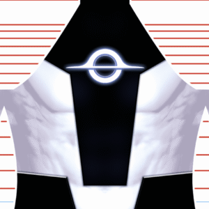 Radiant Black v1 (Copy) features a futuristic black and white chest armor with a glowing central emblem, inspired by Image Comics, set against a background with bold horizontal red lines.