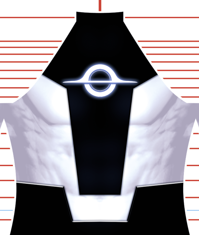Radiant Black v1 (Copy) features a futuristic black and white chest armor with a glowing central emblem, inspired by Image Comics, set against a background with bold horizontal red lines.