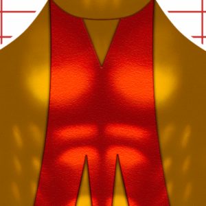 A stylized red letter "M" with a textured, muscular torso design is set against a gold and yellow background with geometric patterns and horizontal red lines at the edges.