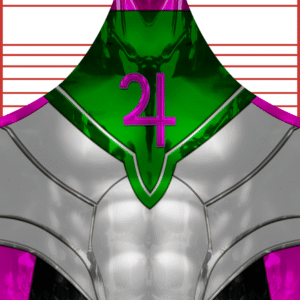 A futuristic, armored chestplate with metallic silver and green panels displays the purple number 24 in the center. The background features red grid lines on white.