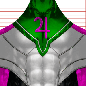 A futuristic armored torso with metallic silver and green plating, highlighted by a prominent pink Jupiter symbol (♃) on the chest, set against a background of red lines and white space.