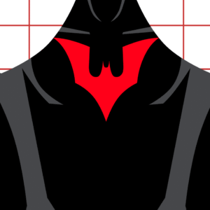Stylized graphic of a red bat symbol with outstretched wings on a black background, resembling the Batman Beyond logo. The upper background features a white area with a red grid pattern.