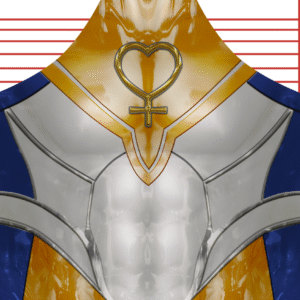 A shiny, stylized armored chestplate with gold and silver sections, featuring a gold Venus symbol at the center. Blue panels are visible at the sides, and red horizontal lines appear in the background.
