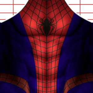 Close-up of a Spider-Man costume design featuring a red web pattern over the chest and a black spider emblem, with a blue background and hints of muscle definition. A faint grid appears in the background.