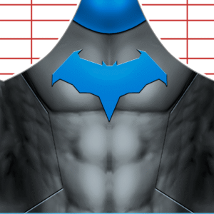 A stylized chest armor with a blue bat symbol in the center, blue shoulder accents, and defined gray musculature, set against a white background with red horizontal lines at the top.