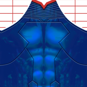 Abstract digital artwork featuring a symmetric pattern with shades of blue resembling futuristic armor, overlaid with red grid lines on a white background at the top of the image.