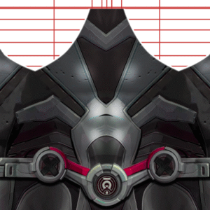 A detailed, futuristic armored chest plate with metallic segments, red accents, and a mechanical belt, set against a background with red and green grid lines.