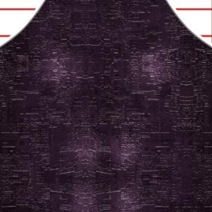 A close-up of a dark purple, textured fabric apron with an abstract pattern, displayed against a background of evenly spaced horizontal red lines on a white surface.