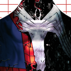 Close-up of Spider-Man’s suit being overtaken by the black symbiote, with the red and blue suit tearing to reveal a white spider symbol on a black background. A red grid is visible in the background.