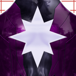 A stylized superhero costume design in purple and black with angular patterns, featuring a large white eight-pointed star in the center on a white background with red grid lines.