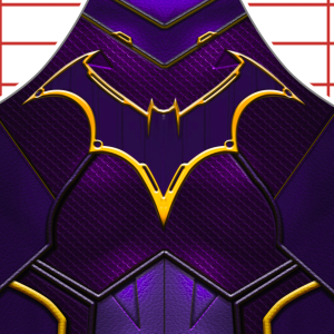 A stylized, textured purple suit with a large yellow bat emblem on the chest. The background features a white area with red grid lines across the top corners.