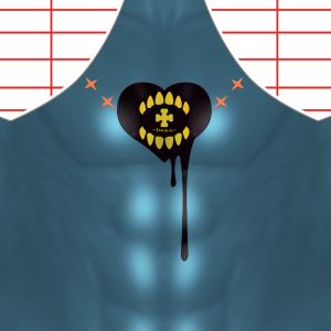 A blue, muscular torso with a black heart-shaped emblem in the center featuring yellow teeth and a cross. The heart drips black liquid and has orange X-shaped stitches above it. Red parallel lines are in the background.
