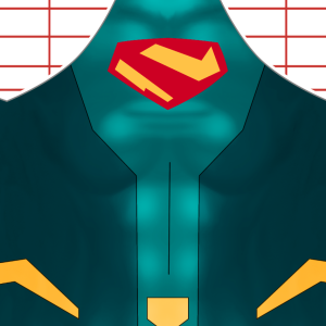 A stylized superhero costume design features a teal suit with angular yellow accents and a red and yellow Superman emblem on the chest, set against a background with red horizontal lines.