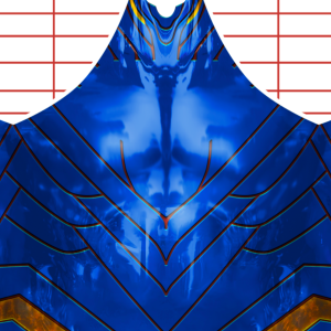 A shiny blue and gold abstract pattern resembling armor or a futuristic suit, with symmetrical lines and a reflective surface, set against a white background with red grid lines.
