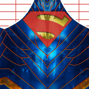 A shiny blue suit with red and gold lines, featuring a large red and gold Superman “S” shield on the chest. The suit has angular, armor-like patterns and a faint yellow glow. Red grid lines frame the upper background.