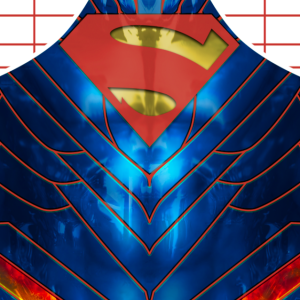 A stylized, blue metallic Superman suit with glowing orange eye-like shapes and red, gold Superman emblem on the chest, set against a white background with red grid lines.
