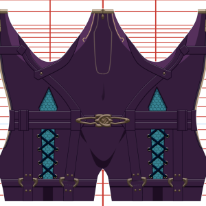 A digital illustration of the Freminet Diving Suit v1—a purple, sleeveless leather vest with teal laced sections, metallic buckles, and a bronze waist clasp—shown on a red and white grid, perfect for dyesub suit designs.