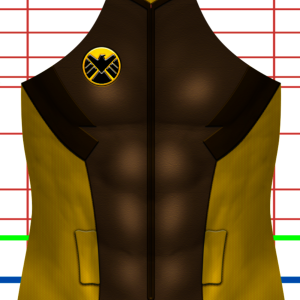 A close-up of a dark brown and yellow superhero suit with muscle detailing, two pockets, and a circular S.H.I.E.L.D. emblem on the left shoulder, set against a background with red and green grid lines.